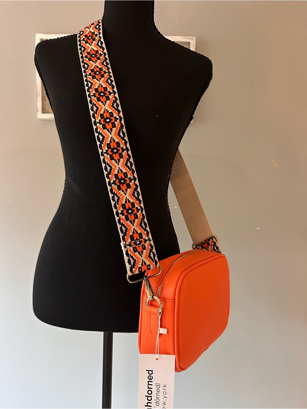 Joy Susan Orange Crossbody with Patterned Webbing Strap